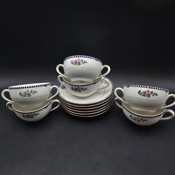 Noritake Sheridan Bouillon Cup Saucer Set of 6 Double Handle Art Deco - Picture 1 of 11